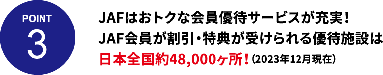POINT 3 JAFはおトクな会員優待サービスが充実！JAF会員が割引・特典が受けられる優待施設は日本全国約48,000ヶ所！